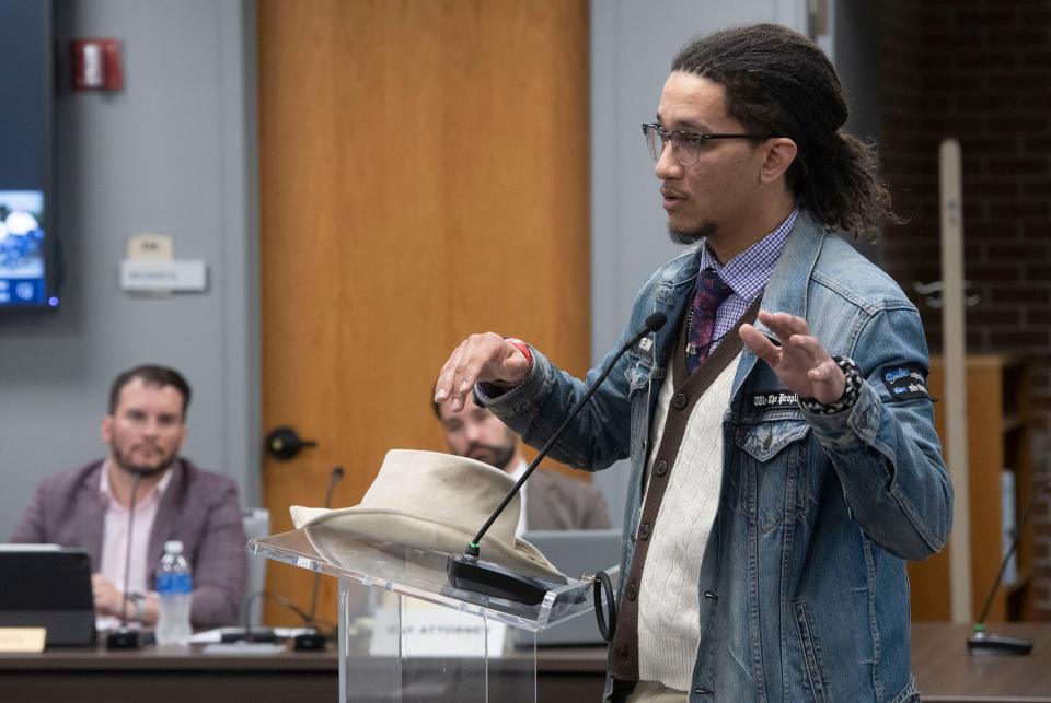 Jonathan Green makes an impassioned plea before the Pensacola City Council to save the Malcolm Yonge Gym during a meeting at City Hall on Thursday, Feb. 8, 2024.