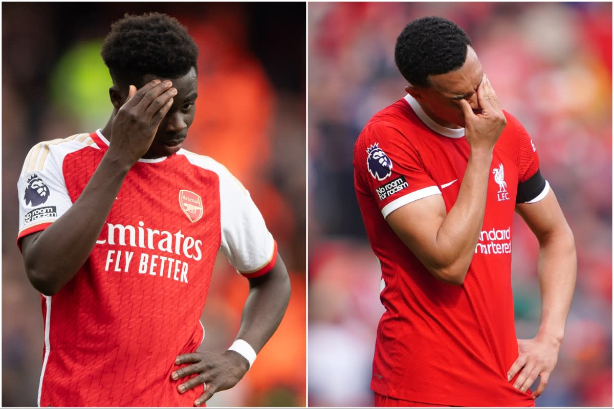 Grimaces etched on Arsenal's Bukayo Saka (left) and Liverpool's Trent Alexander-Arnold after their sides lost ground in the English Premier League title chase. (PHOTOS: Getty Images)