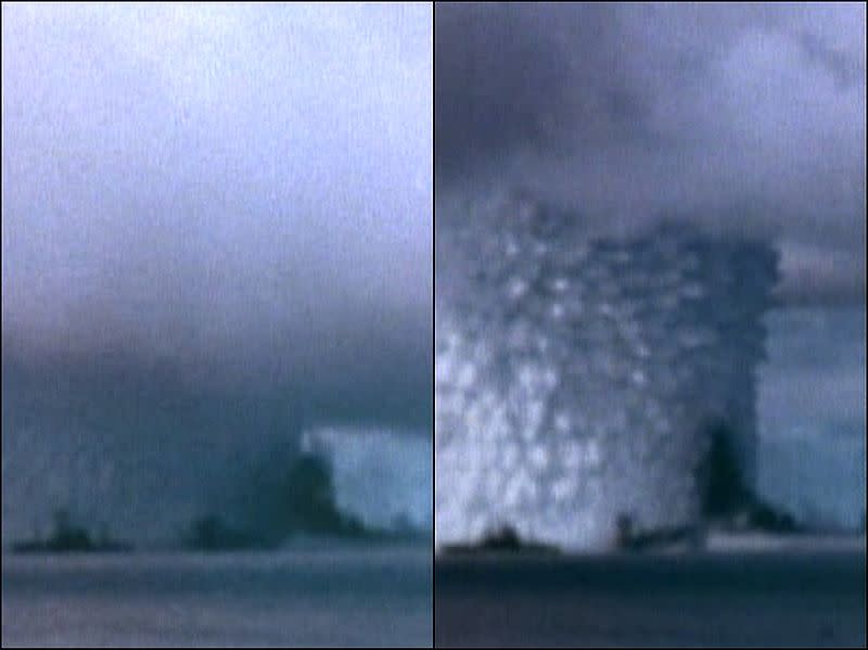 The Wilson cloud lifts, revealing a vertical black object, larger than ships in the foreground, which most observers believed was the upended battleship Arkansas. Operation Crossroads "Baker" shot, 1946, Bikini Atoll. (Image courtesy of US Govt. Defense Threat Reduction Agency.)