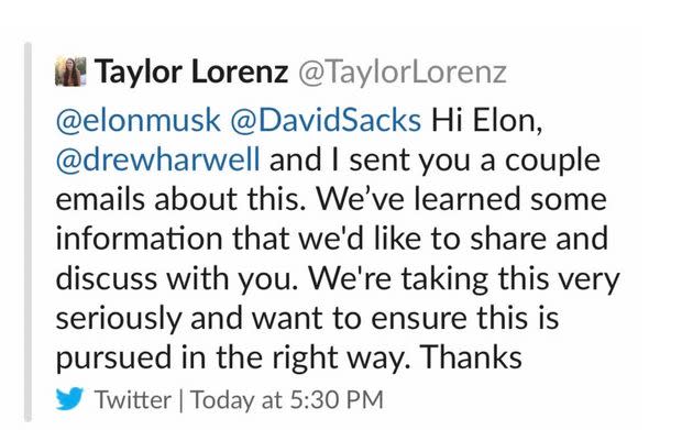 Journalist Taylor Lorenz's Twitter account was temporarily suspended after she sent this tweet to Elon Musk, she said.