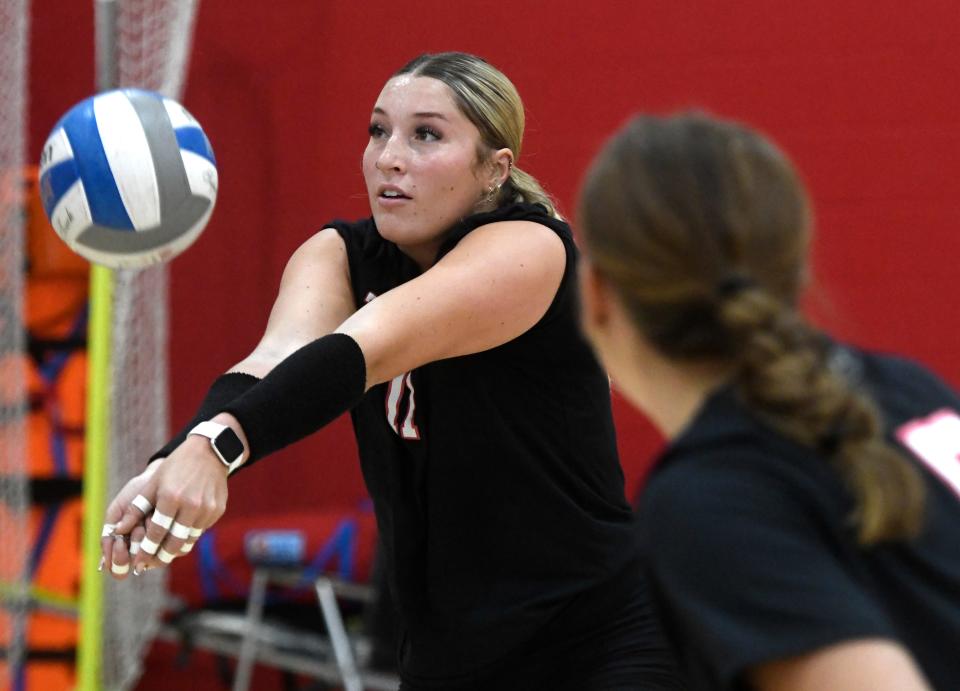 Texas Tech's Kenna Sauer bumps the ball during practice, Tuesday, Aug. 9, 2022, at the United Supermarkets Arena.