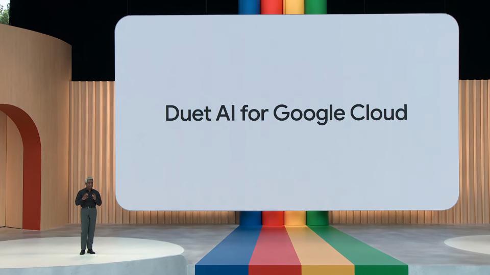 Thomas Kurian at Google I/O revealing Duet AI for Google Cloud