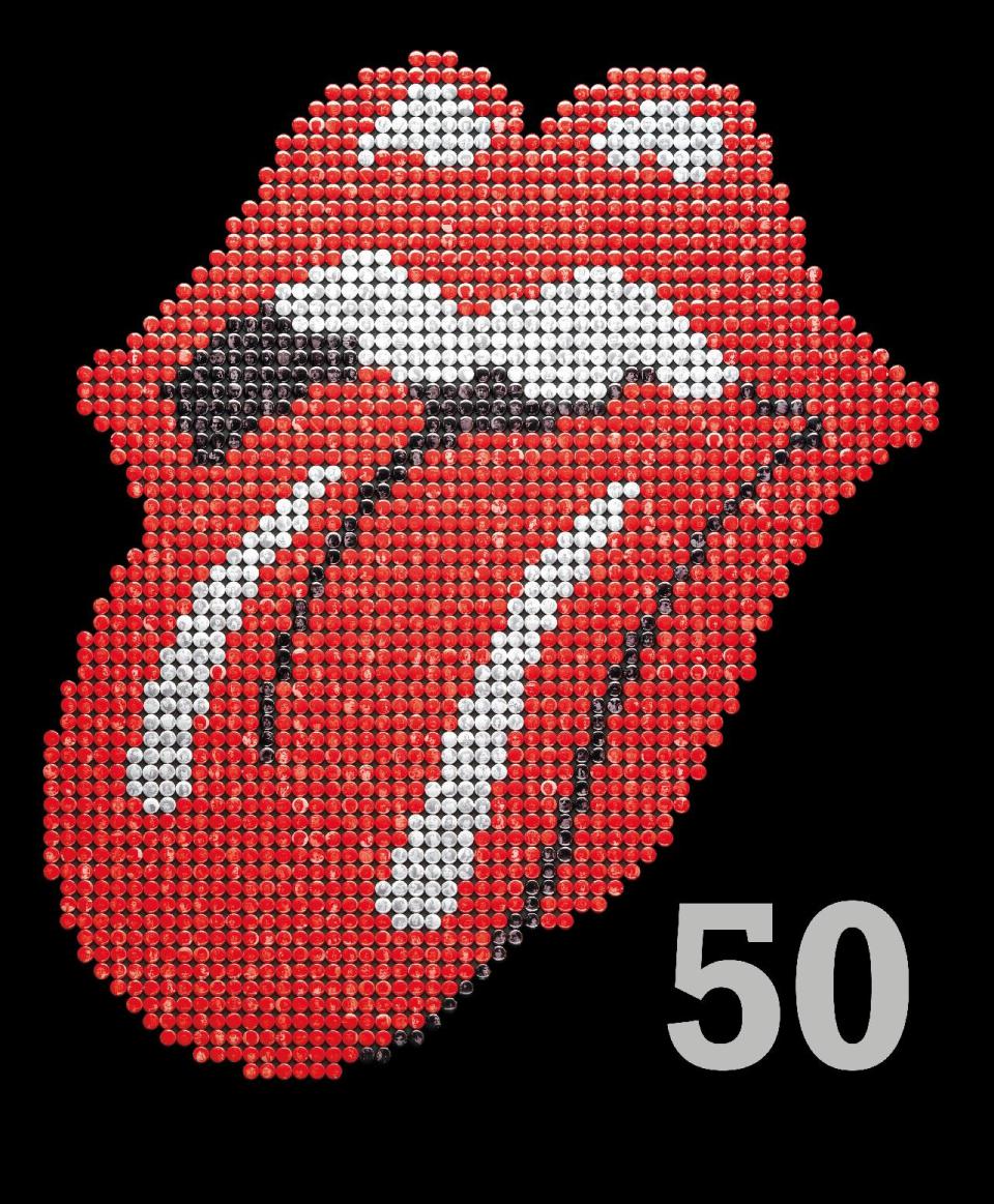 This book cover image released by Hyperion shows "The Rolling Stones 50," by Mick Jagger, Keith Richards, Charlie Watts and Ronnie Wood. In celebration of the band's 50th anniversary, the book offers stark commentary from the Stones to go with tour photos, candids and close-ups. (AP Photo/Hyperion)