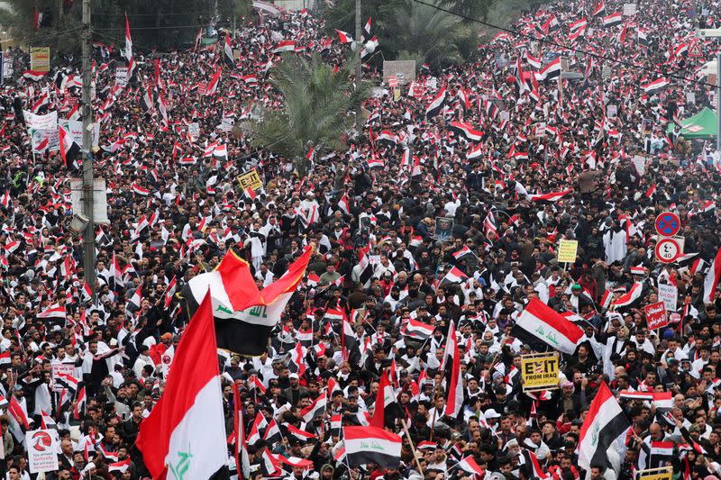 Supporters of Iraqi Shi'ite cleric Moqtada al-Sadr protest against what they say is U.S. presence and violations in Iraq, during a demonstration in Baghdad