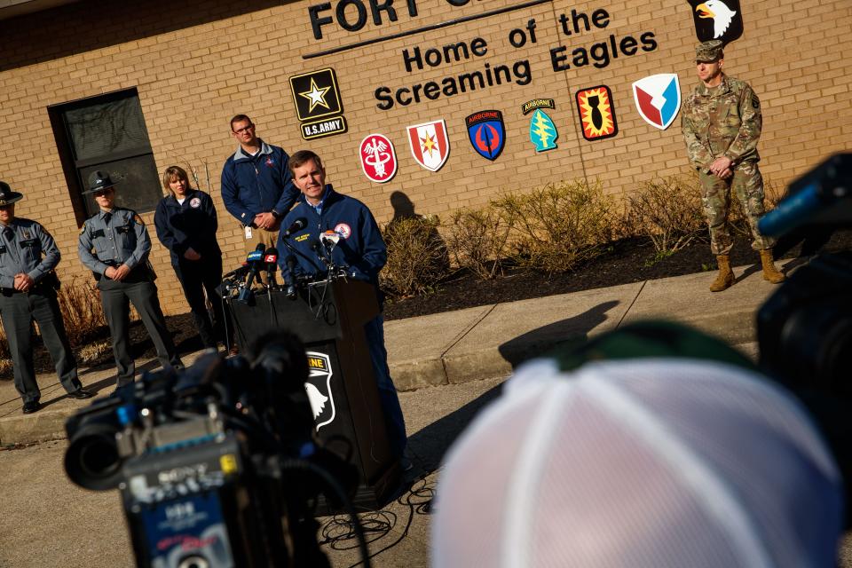 Governor Andy Beshear speaks to the press in regards to the ongoing Black Hawk crash that occurred early in the morning outside of Fort Campbell in Christian County, KY. on Mar. 30, 2023.