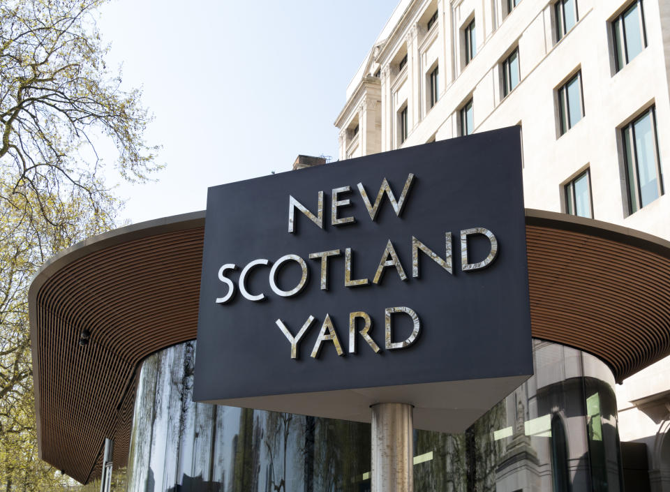 A revolving sign outside New Scotland Yard on the Victoria Embankment in London. New Scotland Yard is the headquarters of the Metropolitan Police Service (MPS). The headquarters has moved several times since the inception of ‘the Met’ in 1829 and was originally in Whitehall Place and backing on to Great Scotland Yard, from whence derived the name ‘Scotland Yard’