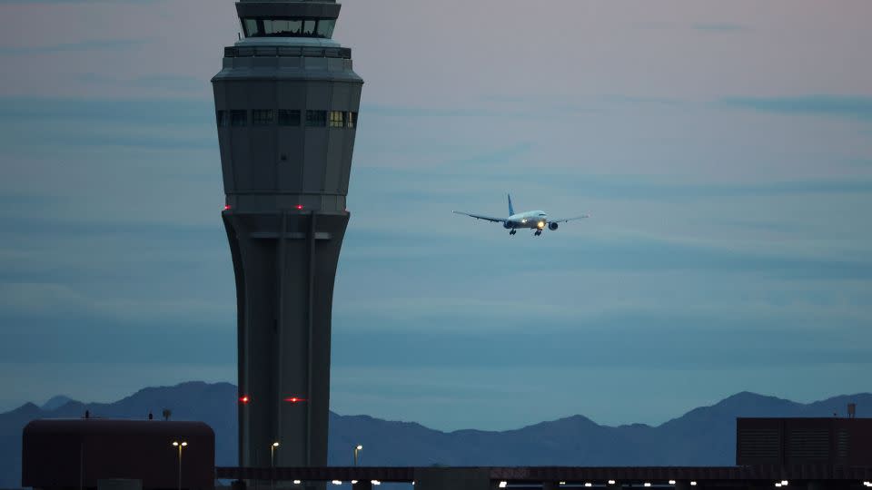 A United Airlines flight carrying the Kansas City Chiefs United Airlines arrives at Harry Reid International Airport in Las Vegas on February 4, 2024, ahead of Super Bowl LVIII on February 11. - Ethan Miller/Getty Images