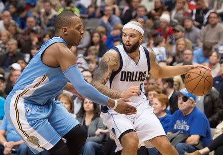 Nov 28, 2015; Dallas, TX, USA; Denver Nuggets guard Jameer Nelson (1) guards Dallas Mavericks guard Deron Williams (8) during the first half at the American Airlines Center. The Mavericks defeat the Nuggets 92-81. Mandatory Credit: Jerome Miron-USA TODAY Sports