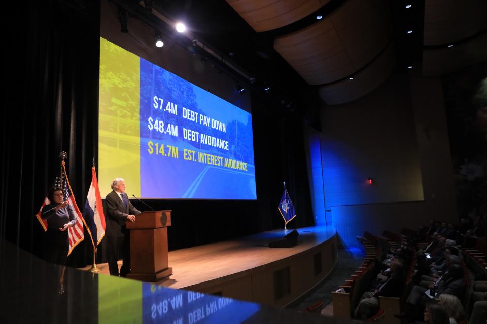 Dutchess County Executive Bill O'Neil explains the county's debt and taxes during the State of the County Address on March 8, 2023.
