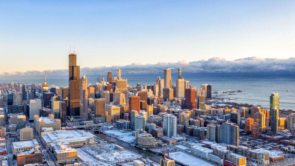 Aerial view of Chicago at dawn after snowfall