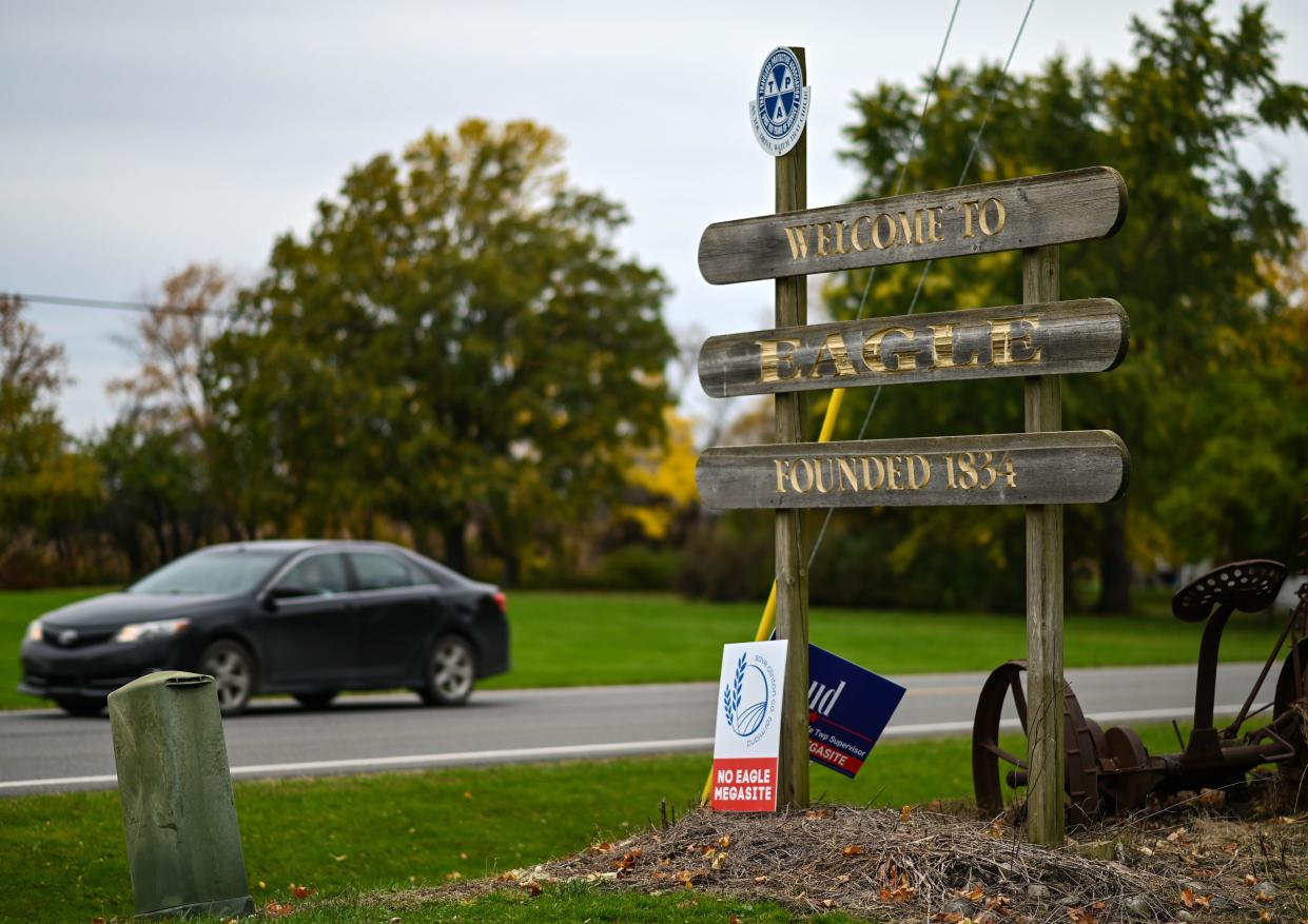 Political signage on West Grand River Highway near Grange Road in Eagle Township, seen Wednesday, Oct. 25, 2023.