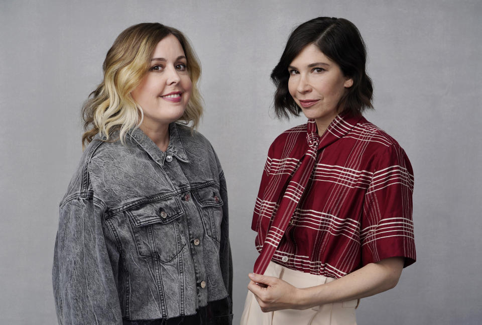 Carrie Brownstein, right, and Corin Tucker of the band Sleater-Kinney pose for a portrait in Los Angeles on Monday, Sept. 25, 2023, to promote their album "Little Rope." (AP Photo/Chris Pizzello)