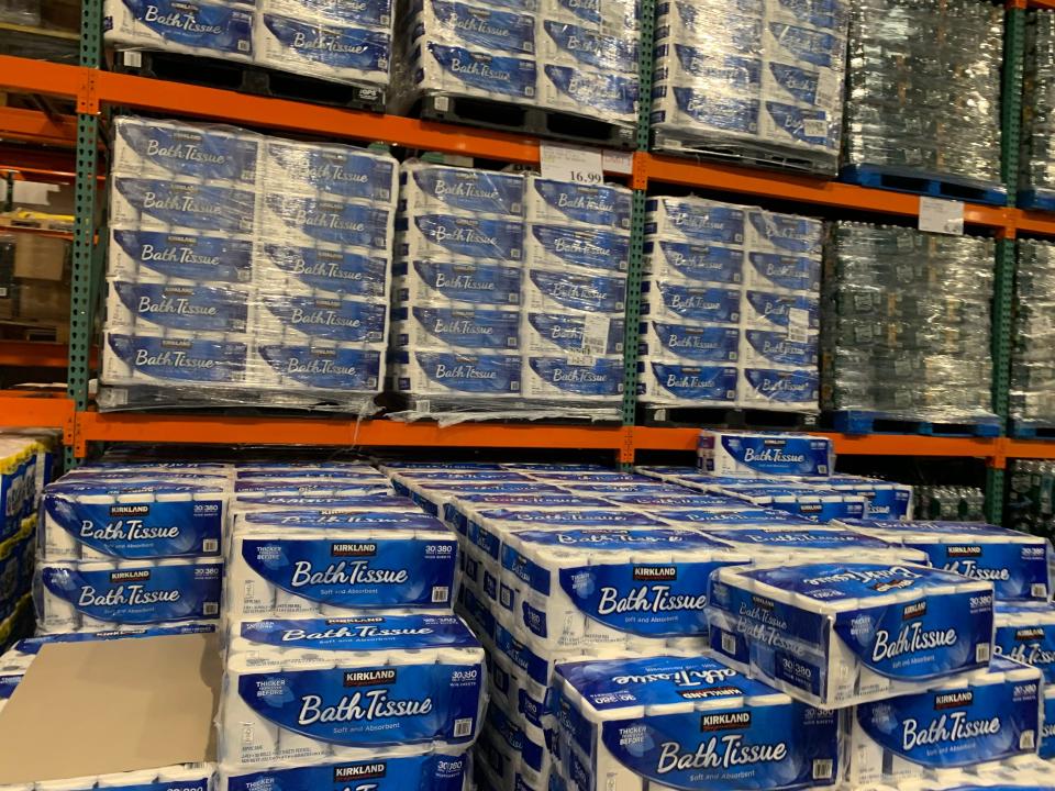 packages of toilet paper stacked up at costco