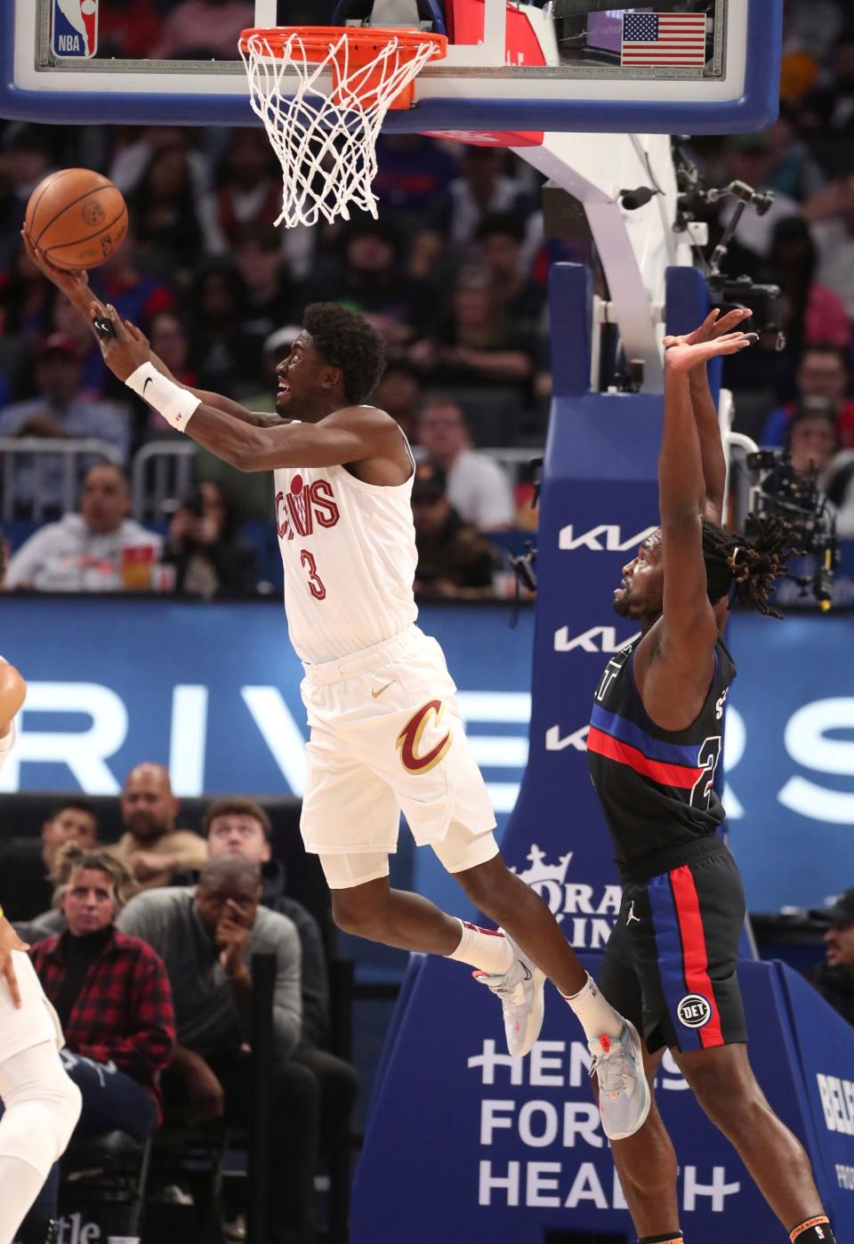 Pistons center Isaiah Stewart (right) defends against Cavaliers guard Caris LeVert during the first quarter Friday, Nov. 4, 2022 at Little Caesars Arena.