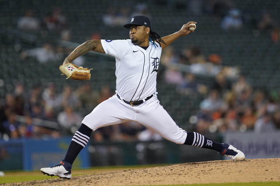 Detroit Tigers relief pitcher Gregory Soto throws against the Seattle Mariners in the ninth inning of a baseball game in Detroit, Wednesday, Aug. 31, 2022. (AP Photo/Paul Sancya)