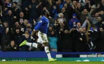 <p>Everton’s Romelu Lukaku celebrates scoring their fourth goal </p>