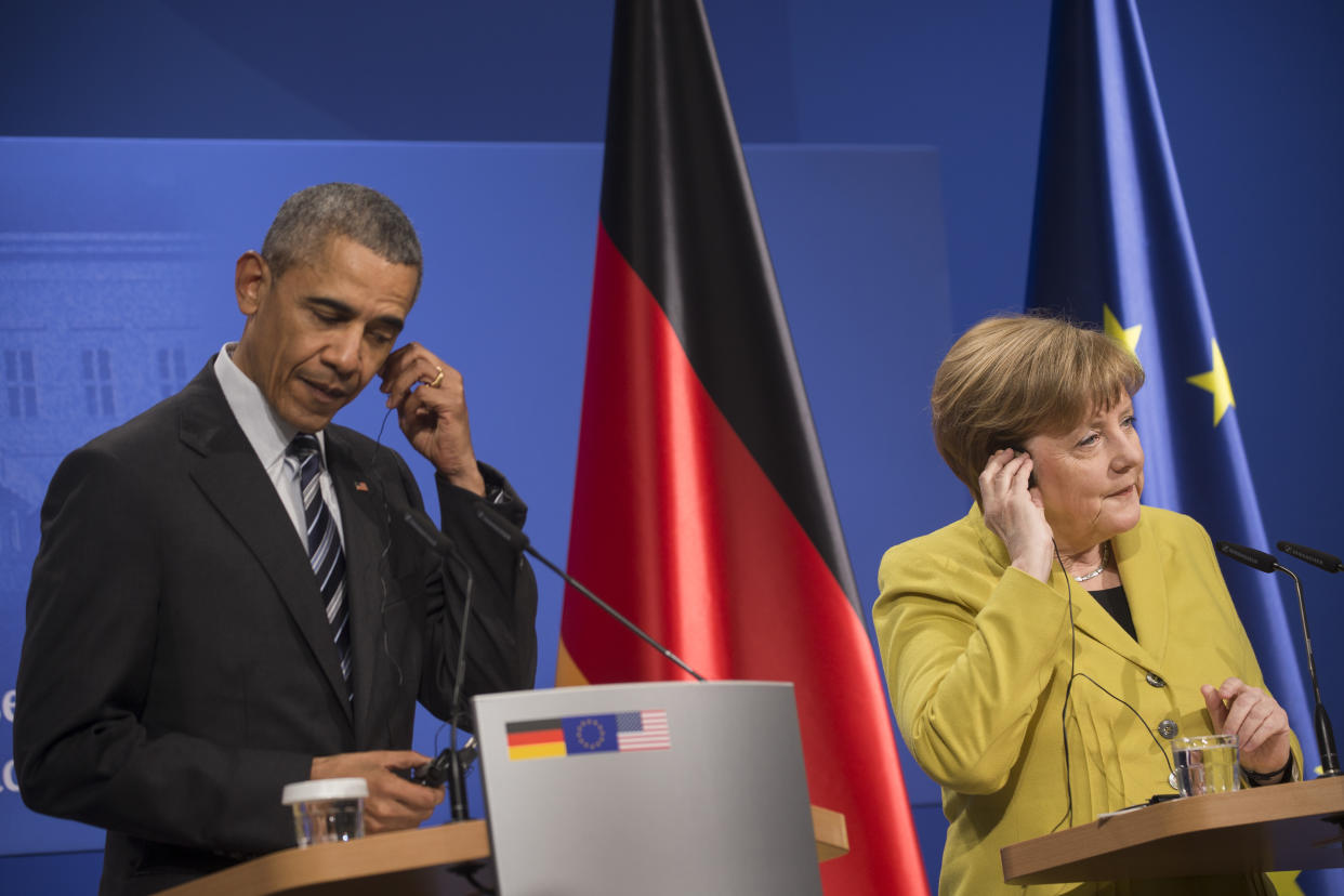 El presidente Barack Obama y la canciller Angela Merkel durante una rueda de prensa tras su reunión en Schloss Herrenhausen en Hannover, Alemania, el 24 de abril de 2016. (Stephen Crowley/The New York Times).