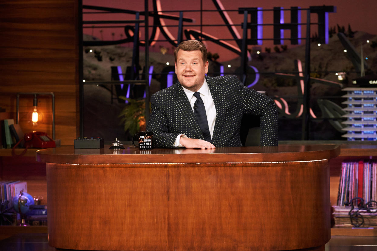 LOS ANGELES - MARCH 11: James chats with guests on THE LATE LATE SHOW WITH JAMES CORDEN, scheduled to air Thursday March 11 2021 (12:37-1:37 AM, ET/PT) on the CBS Television Network. (Photo by Adam Torgerson/CBS via Getty Images)