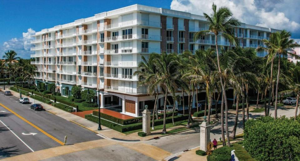 Built in 1969, the Winthrop House condominium at the corner of Worth Avenue and South Ocean Boulevard in Palm Beach has vertical red-brick accent piers that run from the second floor to the roofline.