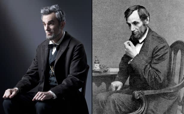 David James/Disney; Brady/Getty Images Daniel Day-Lewis in 'Lincoln'; Abraham Lincoln