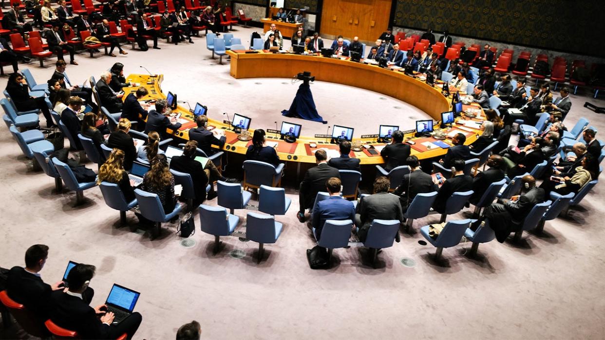 <div>The UN Security Council holds an emergency meeting on the risk of famine and attacks on humanitarian workers in Gaza, at UN headquarters in New York on April 5, 2024. (Photo by Charly TRIBALLEAU / AFP) (Photo by CHARLY TRIBALLEAU/AFP via Getty Images)</div>