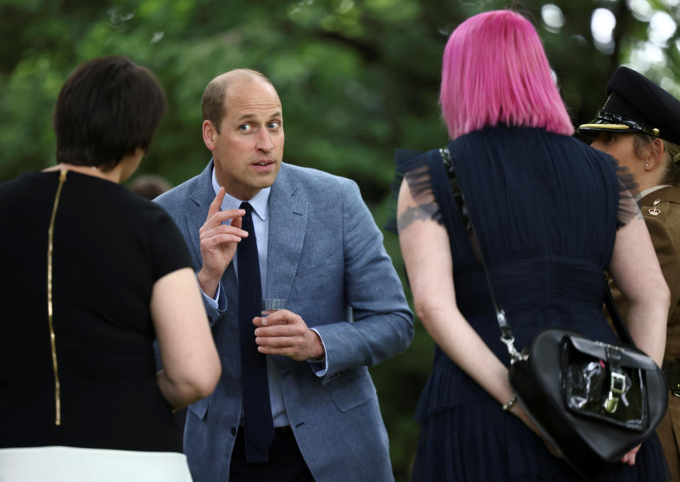 The Duke of Cambridge, in his role as Joint Patron of NHS Charities Together, speaks to guests during a 'Big Tea' for NHS staff at Buckingham Palace in London, to mark the 73rd birthday of the NHS. Picture date: Monday July 5, 2021.