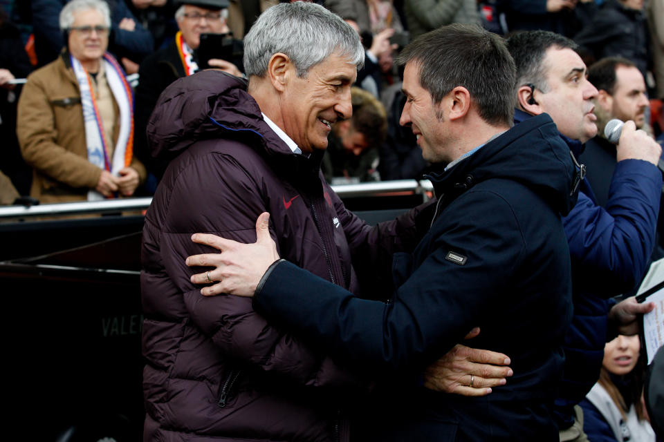 VALENCIA, SPAIN - JANUARY 25: (L-R) coach Quique Setien of FC Barcelona, Coach Albert Celades of Valencia CF  during the La Liga Santander  match between Valencia v FC Barcelona at the Estadio de Mestalla on January 25, 2020 in Valencia Spain (Photo by David S. Bustamante/Soccrates/Getty Images)