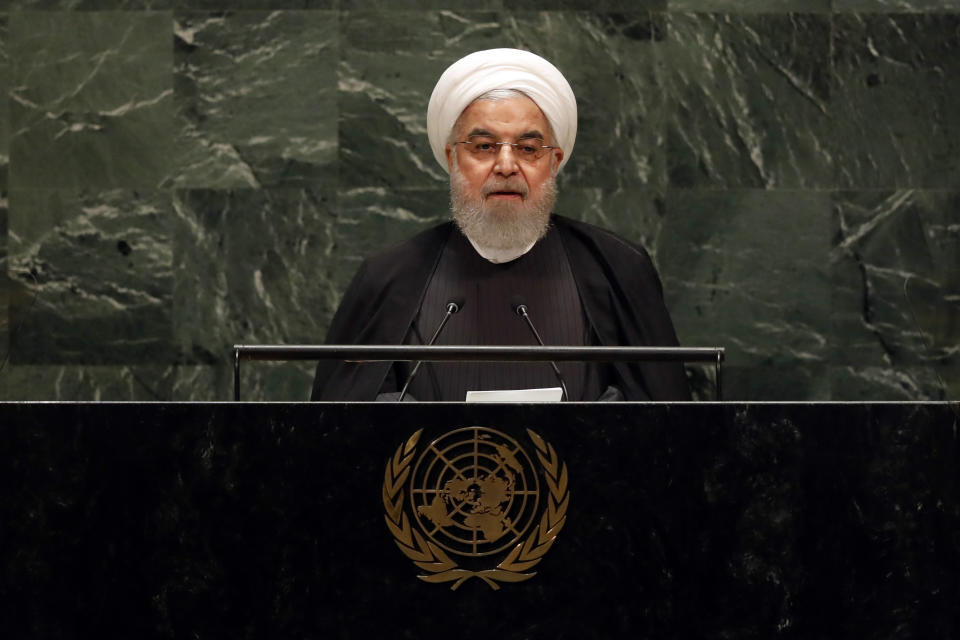 Iran's President Hassan Rouhani addresses the 74th session of the United Nations General Assembly, Wednesday, Sept. 25, 2019. (AP Photo/Richard Drew)