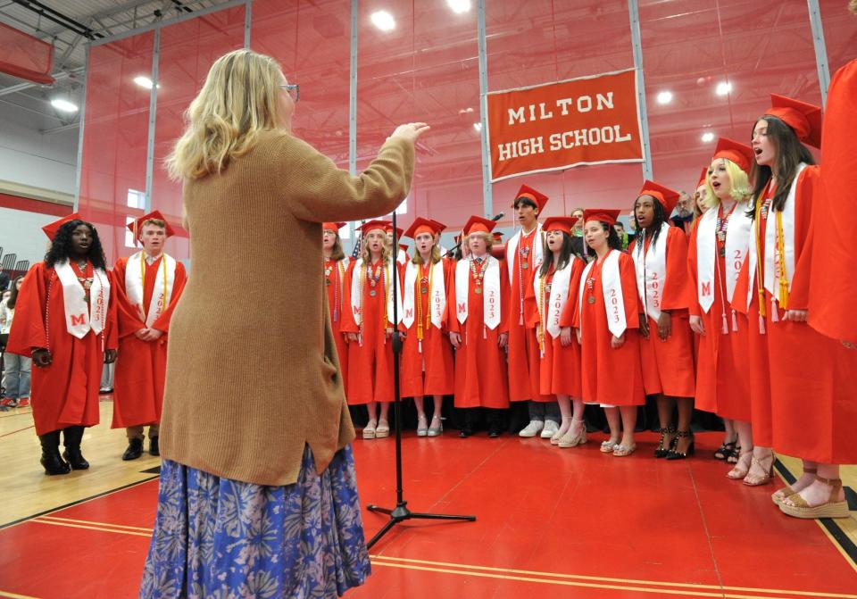 The Milton High School Choir senior members sing the "Star Spangled Banner."