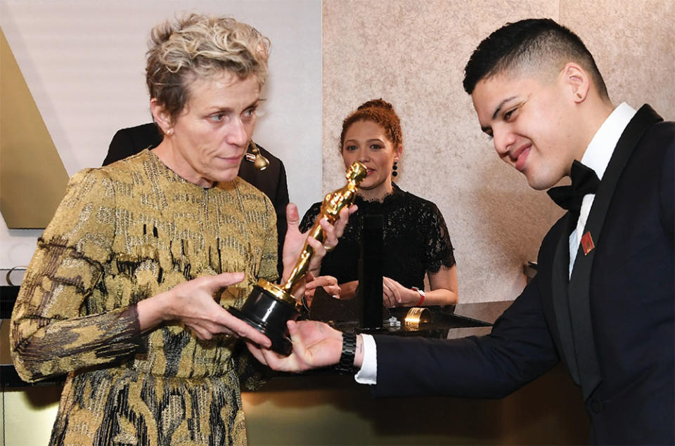 Despite the heavy security at the ball, the best actress Oscar that Frances McDormand won in 2018 for Three Billboards Outside Ebbing, Missouri went missing for a time after she set it down on a table. A photographer working for Wolfgang Puck noticed a man, Terry Bryant, holding the trophy and seemingly headed for the door. After security was alerted, Bryant, who claimed he was only posing with the gold statuette, was arrested by the Los Angeles Police Department and charged with grand theft. McDormand (pictured here with her son, Pedro) declined to press charges, though, and a year later, just before trial, the district attorney dropped the case.