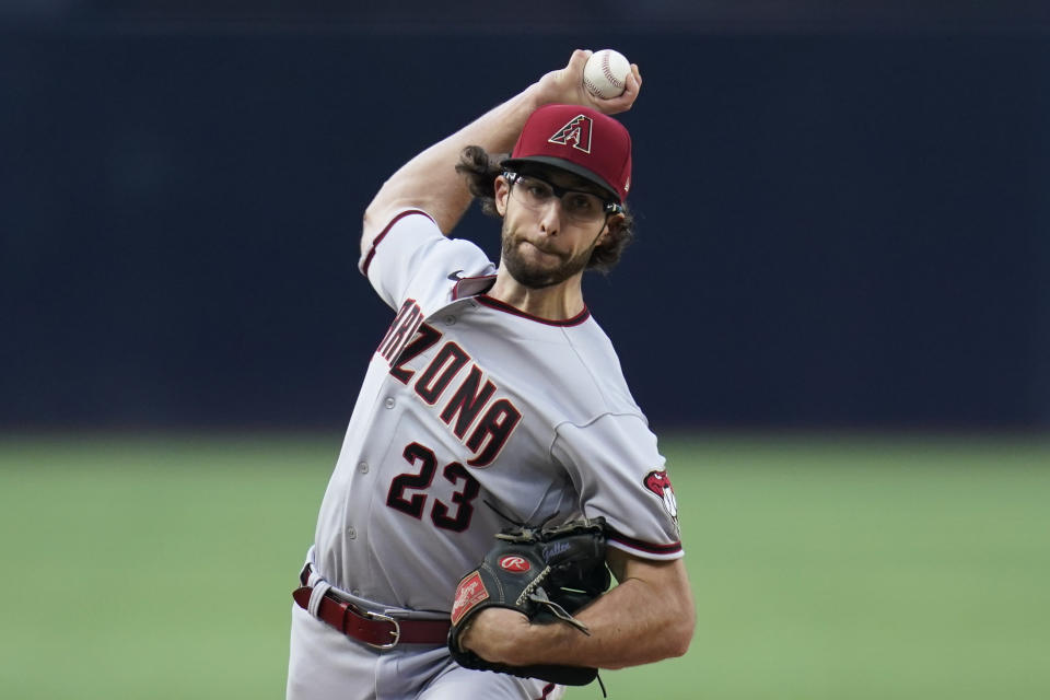Arizona Diamondbacks starting pitcher Zac Gallen works against a San Diego Padres batter during the first inning of a baseball game Tuesday, June 21, 2022, in San Diego. (AP Photo/Gregory Bull)