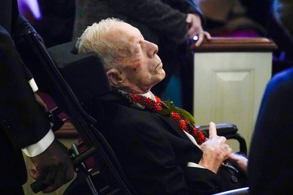 former President Jimmy Carter arrives for the funeral service for his wife, former first lady Rosalynn Carter, at Maranatha Baptist Church, in Plains, Georgia, on November 29, 2023. (POOL/AFP via Getty Images)