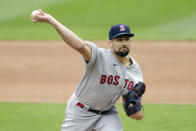 Boston Red Sox starting pitcher Nathan Eovaldi throws to the Minnesota Twins in the first inning of a baseball game, Wednesday, April 14, 2021, in Minneapolis. (AP Photo/Andy Clayton-King)