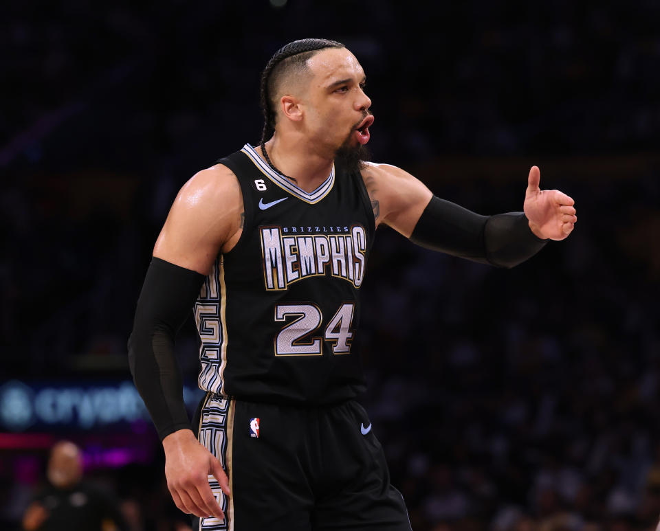 Dillon Brooks of the Memphis Grizzlies reacts to a Grizzlies foul during the first quarter against the Los Angeles Lakers in Game Three of the Western Conference First Round Playoffs at Crypto.com Arena on April 22, 2023 in Los Angeles, California. NOTE TO USER: User expressly acknowledges and agrees that, by downloading and or using this photograph, User is consenting to the terms and conditions of the Getty Images License Agreement. (Photo by Harry How/Getty Images)