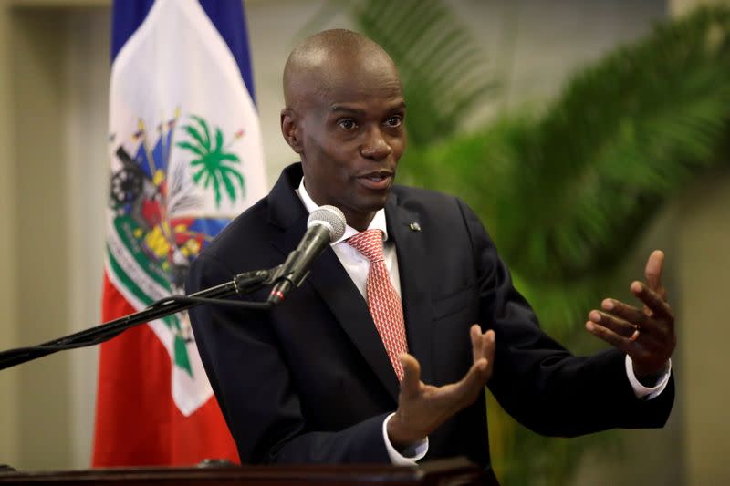 FILE PHOTO: Haiti's President Jovenel Moise speaks during a news conference to provide information about the measures concerning coronavirus, at the National Palace in Port-au-Prince