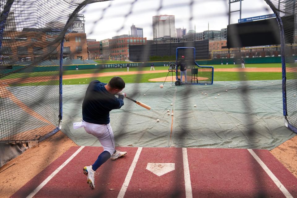 Catcher Bryan Lavastida takes batting practice during a Columbus Clippers workout at Huntington Park in March 2024.