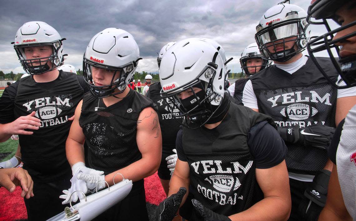 Yelm’s Shane Creegan (from left), Nathan Ford, Jacob Ford and Jacob Tracy during the opening day of football practice at Yelm High School in Yelm, Washington, on Wednesday, Aug. 21, 2024.