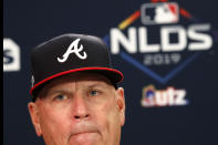 Atlanta Braves manager Brian Snitker (43) speaks to the media during a news conference Tuesday, Oct. 8, 2019, in Atlanta. The Braves will face the St. Louis Cardinals in Game 5 of the NLCS Wednesday in Atlanta. (AP Photo/John Bazemore)