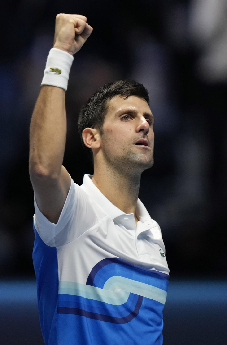 Serbia's Novak Djokovic celebrates after defeating Russia's Andrey Rublev during their ATP World Tour Finals singles tennis match, at the Pala Alpitour in Turin, Wednesday, Nov. 17, 2021. (AP Photo/Luca Bruno)