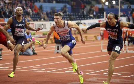 Athletics - European Athletics Indoor Championship - Men's 60m Hurdles Final - Kombank Arena, Belgrade, Serbia - 03/03/17 - Andy Pozzi of Britain, Pascal Martinot-Lagarde and Aurel Manga of France in action. REUTERS/Novak Djurovic