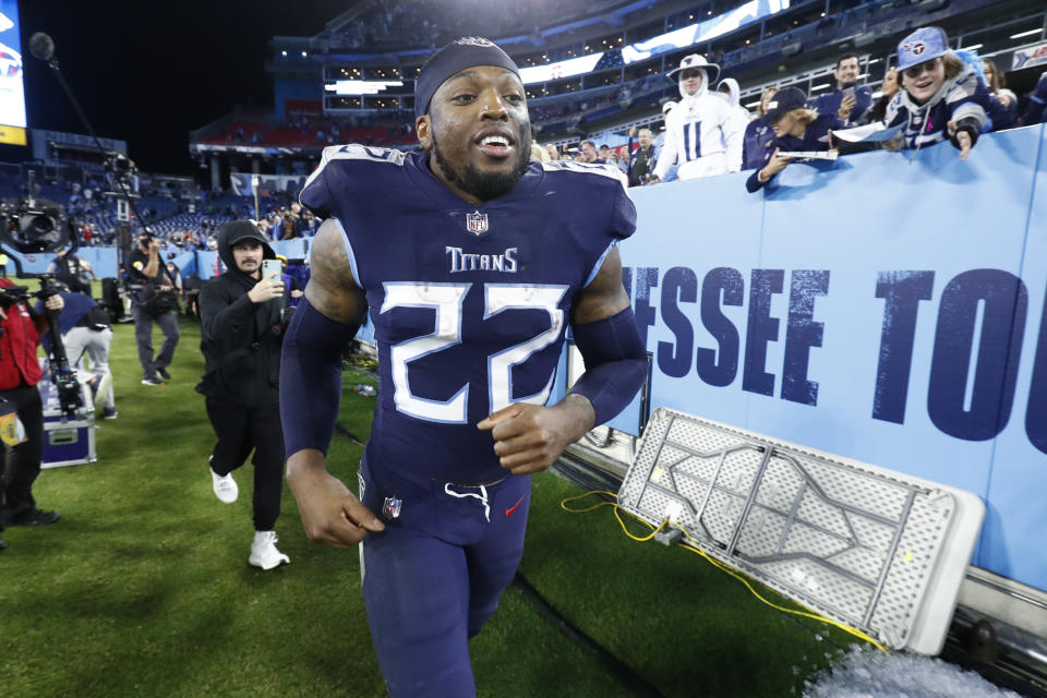 Tennessee Titans running back Derrick Henry leaves the field after the Titans beat the Buffalo Bills 34-31 in an NFL football game Monday, Oct. 18, 2021, in Nashville, Tenn. (AP Photo/Wade Payne)