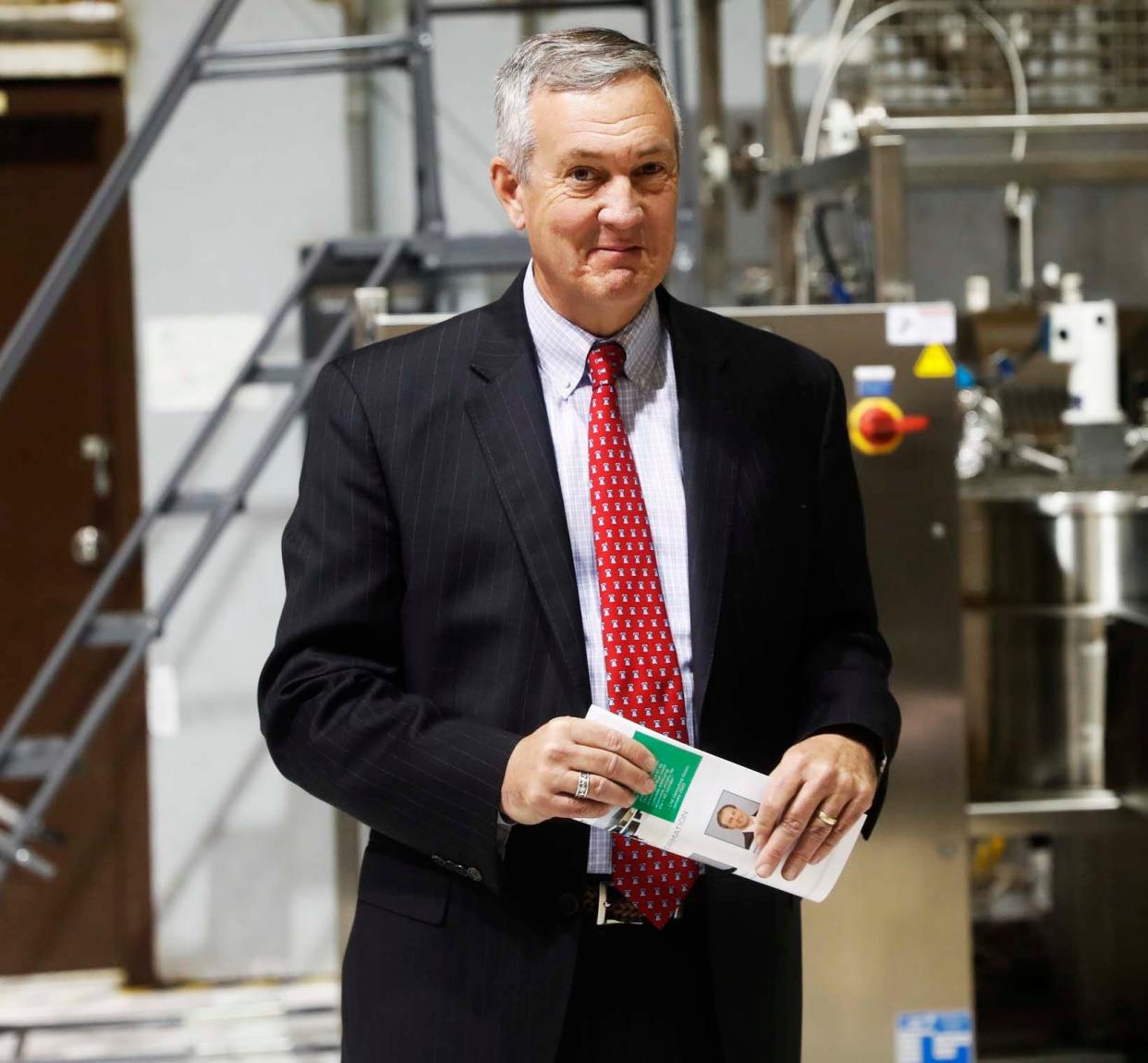 Tennessee Secretary of State Tre Hargett smiles during his visit to US Biologic’s production center at the Agricenter in Memphis on Dec. 4.