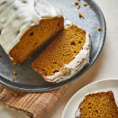<p>This pumpkin spice bread recipe is a snap to pull together. Pumpkin puree and maple syrup add sweetness to help cut down the amount of added sugar while ensuring this healthy loaf stays moist and tender. This easy quick bread is finished off with a sweetened cream cheese spread over the top to complement the spices. <a href="https://www.eatingwell.com/recipe/280790/pumpkin-spice-bread/" rel="nofollow noopener" target="_blank" data-ylk="slk:View Recipe" class="link ">View Recipe</a></p>