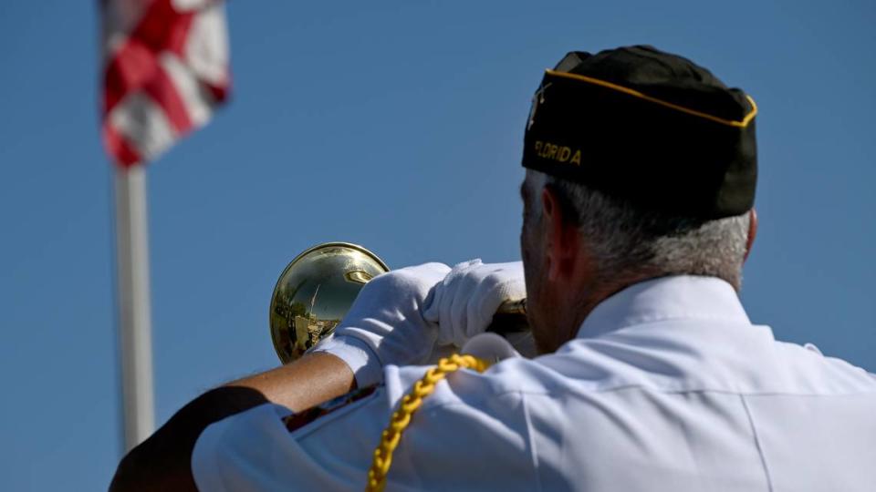 Brian Taylor of VFW Post 10141 played TAPS during the Memorial Day Service presented by the Manatee County Veterans Council at the Donald L. Courtney Veterans Park in Bradenton on Monday, May 27, 2024.