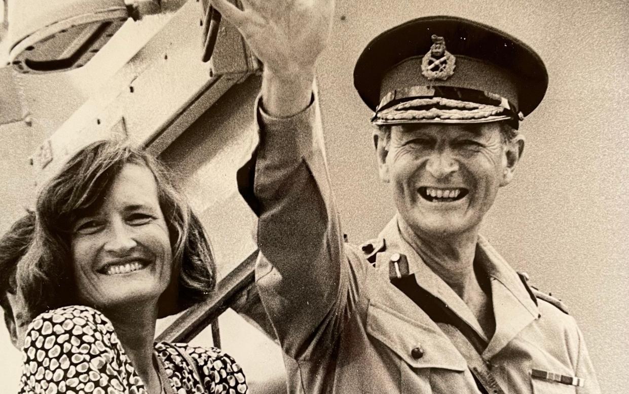 Major General Tony Boam in August 1987, leaving Hong Kong with his wife Penny