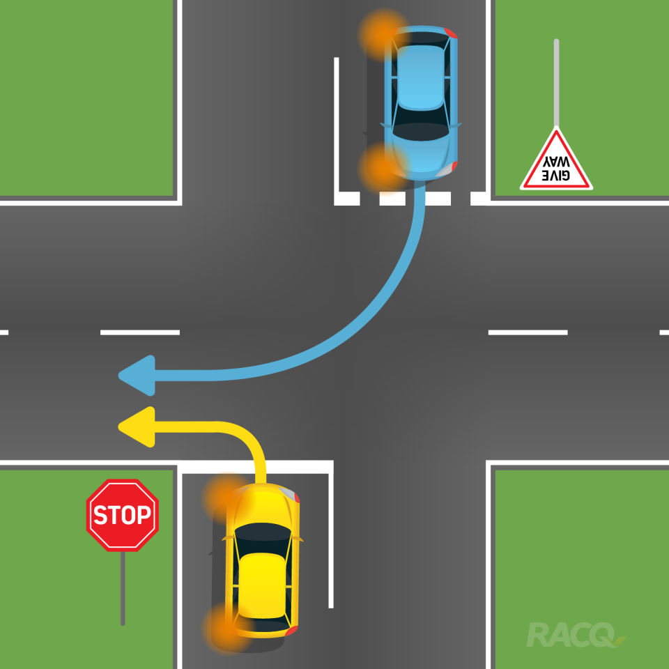 Two cars face an intersection with one in front of a stop sign and another at a give way. They both want to turn into the same lane.