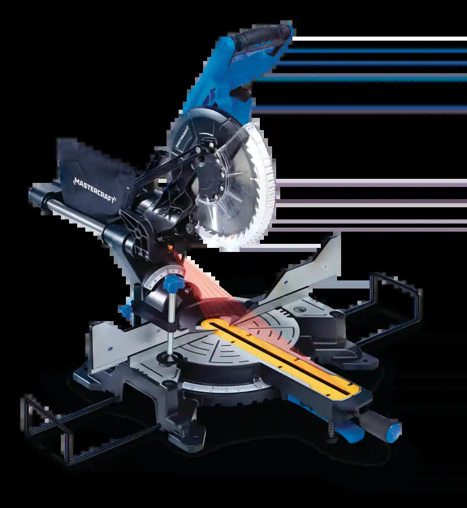 Mastercraft 15 Amp Dual-Bevel Sliding Mitre Saw. Image via Canadian Tire.