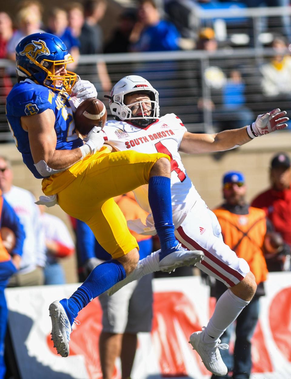 South Dakota State’s Cale Reeder intercepts a pass in the end zone intended for South Dakota’s Carter Bell in a football game on Saturday, October 8, 2022, at Dana J. Dykhouse Stadium in Brookings.