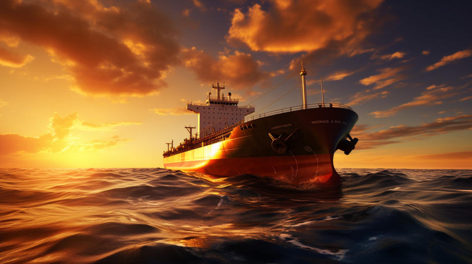 A tanker full of oil in the middle of an ocean with the sun setting in the background.