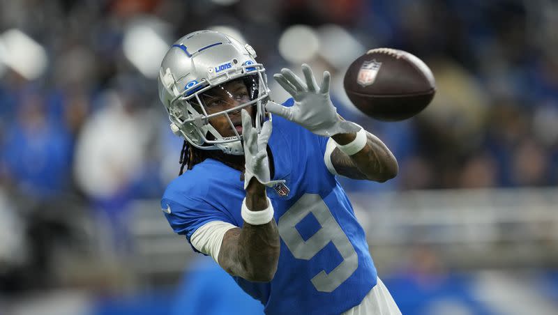 Detroit Lions wide receiver Jameson Williams warms up before an NFL football game against the Chicago Bears, Sunday, Jan. 1, 2023, in Detroit. The NFL has suspended five players for violating the league’s gambling policy on Friday, April 21, 2023. Detroit Lions wide receiver Quintez Cephus and safety C.J. Moore and Washington Commanders defensive end Shaka Toney were suspended indefinitely, while Lions wide receivers Stanley Berryhill and Jameson Williams have been suspended six games.